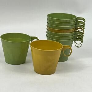 Set Of 9 Lady Arnold Retro Plastic Coffee Cups Avocado Green Yellow Camping Mugs